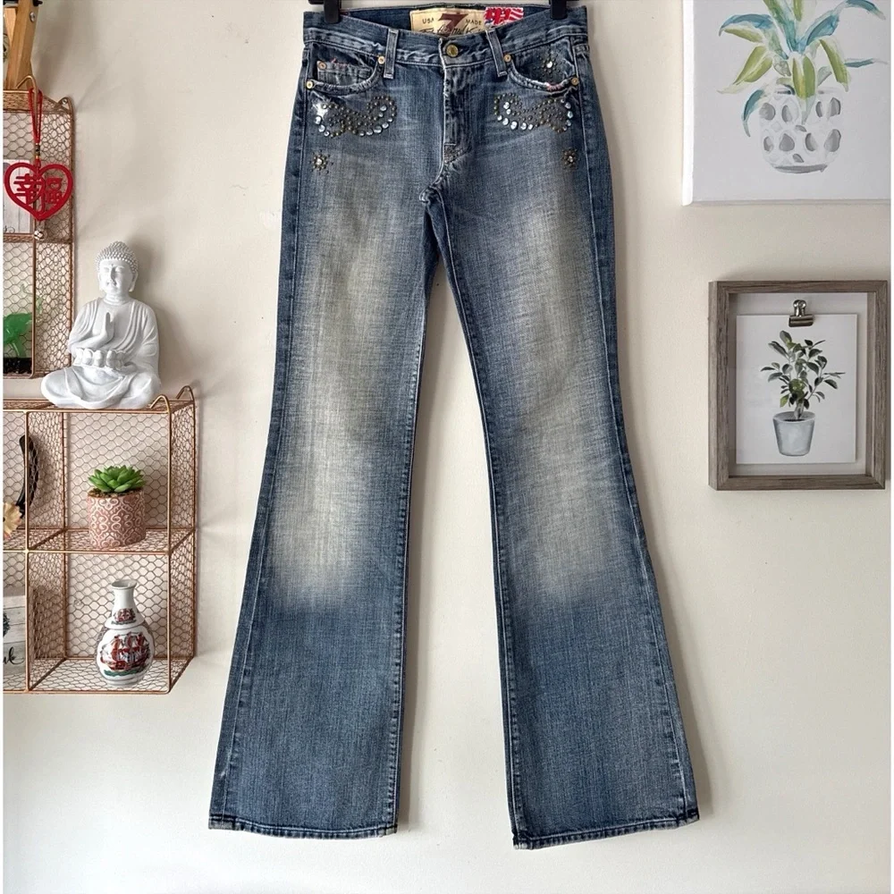 7FAM Great China Wall Y2K Low Rise Flare Swarovski Crystal Studded Jeans Sz 27